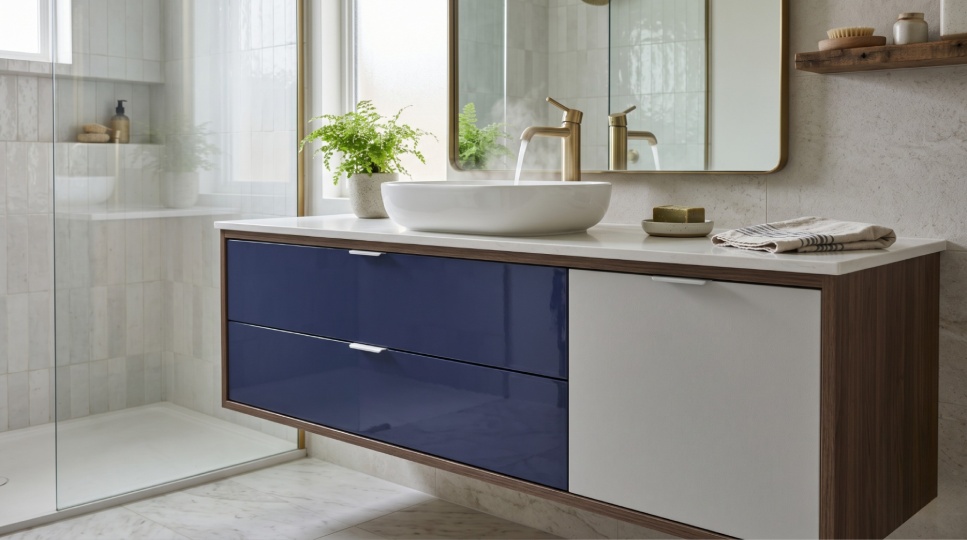 Nowoczesna szafka łazienkowa z wodoodpornymi frontami akrylowymi i lakierowanymi, umywalka nablatowa i złota armatura