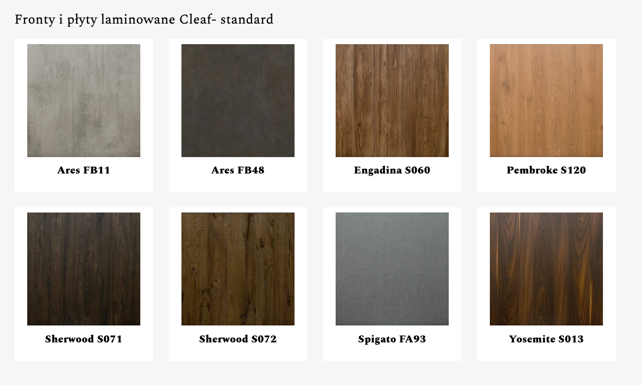 Fronty i płyty laminowane Cleaf - standard: próbki dekorów Ares, Engadina, Pembroke, Sherwood, Spigato, Yosemite